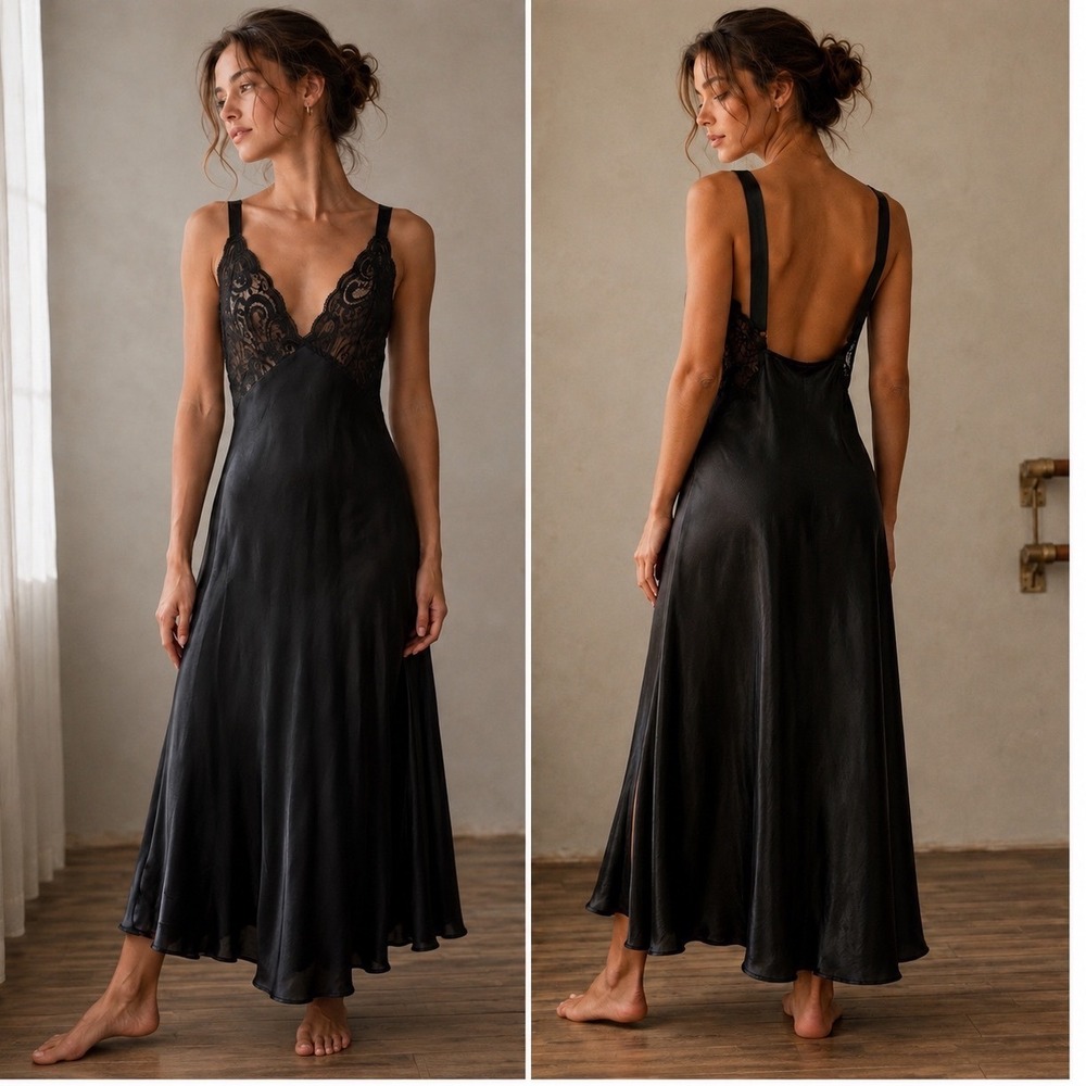 Victoria Secret Lace Satin Slip Dress Nightgown Women M‎ Black Y2K  Whimsigoth